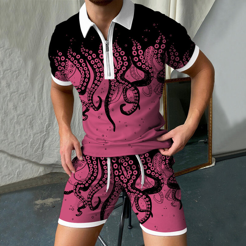 Conjunto de Polo para hombre, ropa de calle con estampado 3D, camiseta de manga corta con cuello en V y pantalones cortos, traje informal de dos piezas, 2022