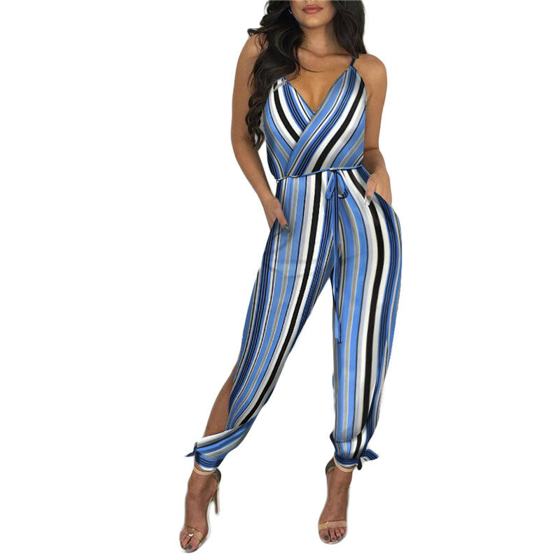 Women Spaghetti Strap Mixed Print Slit Leg Jumpsuit Sexy V-Neck Jumpsuits for Women 2021 Club Outfits Rompers
