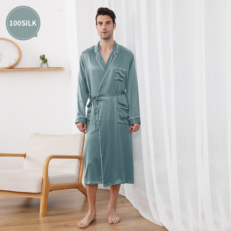 22มม.หม่อนหม่อนผ้าไหมยาว Nightgown Robe ผ้าไหมชุดนอนเสื้อคลุมอาบน้ำ100% Mulberry Silk Sleep Robe