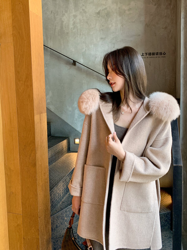 Женское длинное кашемировое пальто, уличная одежда из 2022-ной шерсти, с воротником из натурального Лисьего меха