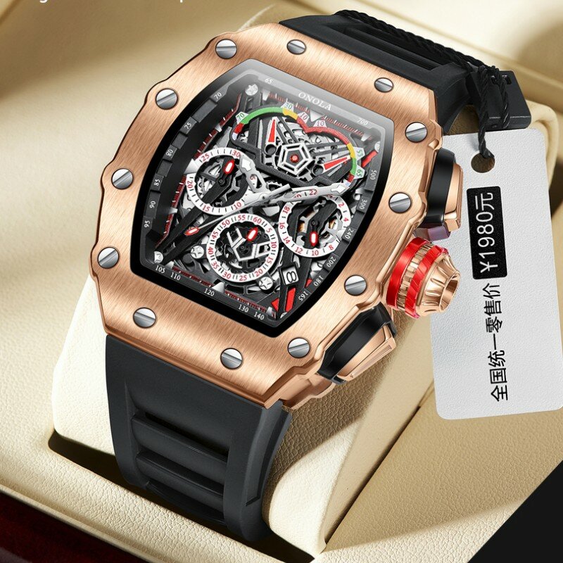 ONOLA-럭셔리 탑 브랜드 스포츠 비즈니스 캐주얼 방수 실리콘 스트랩 쿼츠 시계, 남성용 시계