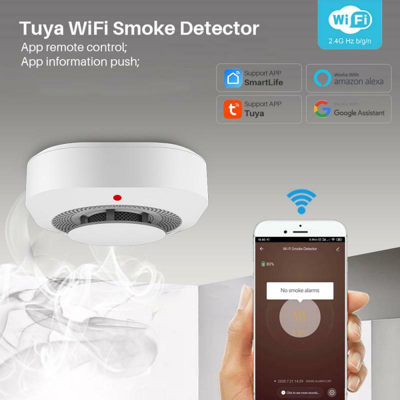 Tuya واي فاي كاشف الدخان الاستشعار 90DB اللاسلكية الحماية من الحرائق المنزل الذكي إنذار عن طريق الحياة الذكية APP اليكسا جوجل الرئيسية