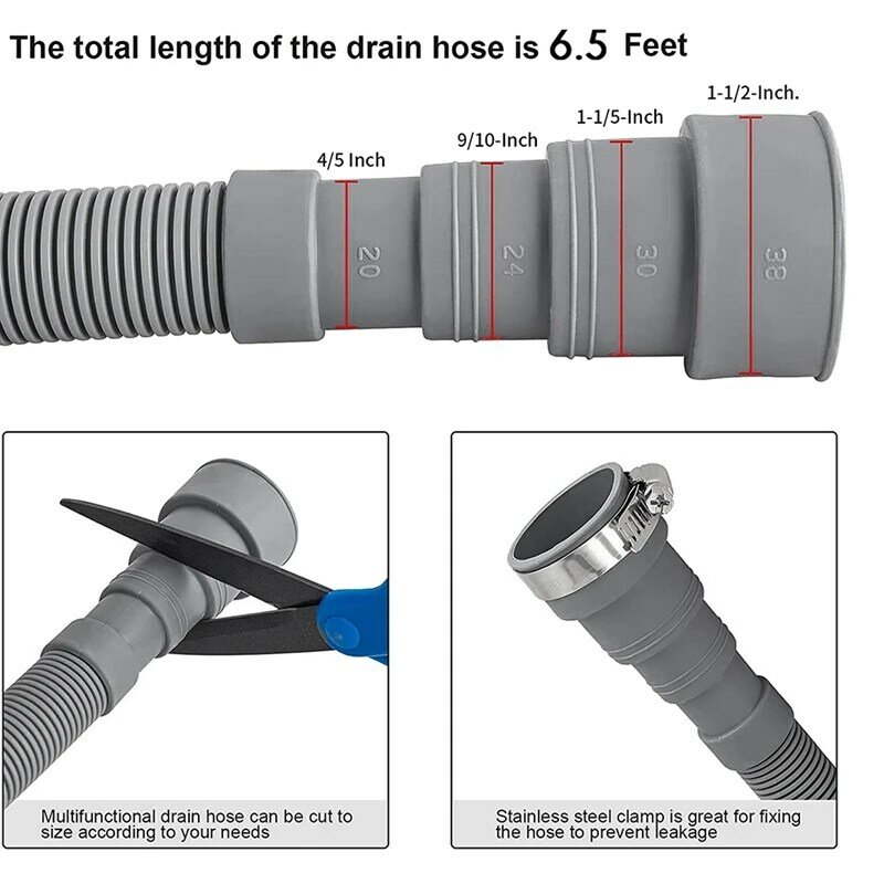 Juego de extensión de manguera de drenaje para lavadora, manguera Universal de 6,5 pies, incluye abrazaderas de manguera de drenaje