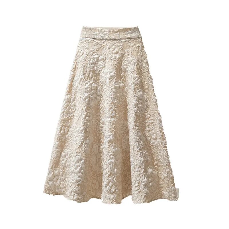Lace Vintage Skirt Womens 2023 Spring Autumn New High Waist Hollow Embroidery Floral Large Swing Umbrella Skirt Faldas Aesthetic