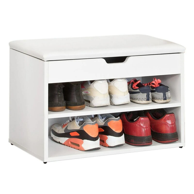 SoBuy 2 طبقات رف الأحذية خزانة خذاء رف تخزين الأحذية مع مقعد مبطن للطي ، FSR25-W