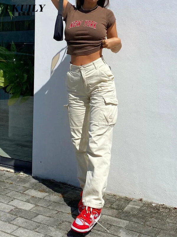 Vintage Cargo spodnie workowate dżinsy moda damska 90s Streetwear kieszenie kombinezony ArmyGreen wysokiej talii luźne spodnie jeansowe Y2k