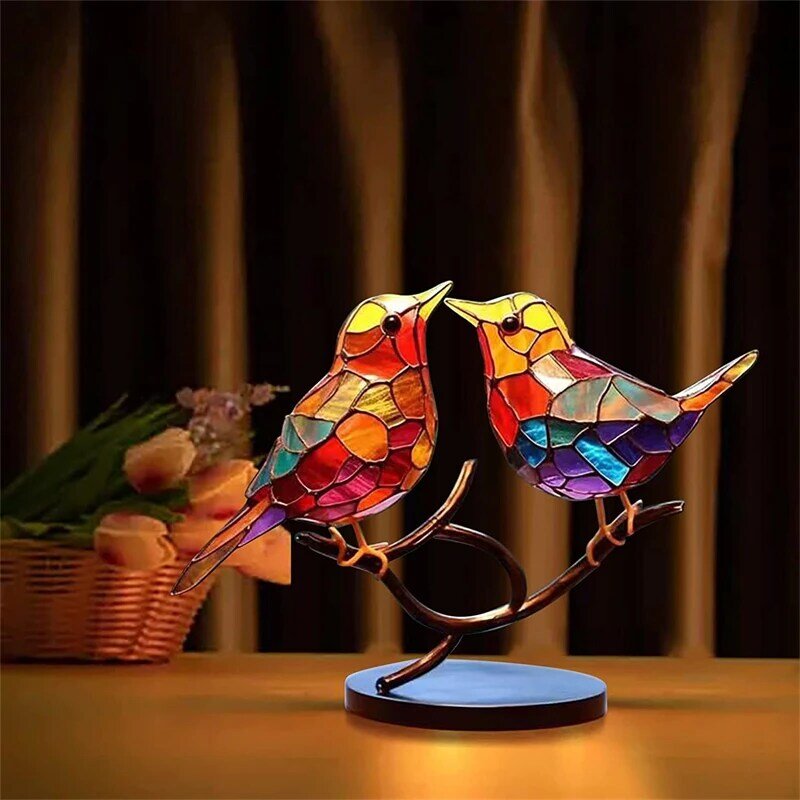 2023 uccelli in vetro colorato su rami ornamenti da tavolo Double Sided Multicolor Style Animals Shape Iron Art Craft decorazioni per la casa