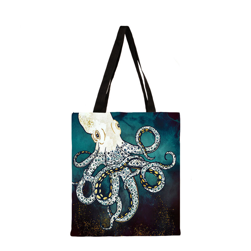 Bolso de mano con estampado de animales de mar profundo para mujer, bolsa de compras reutilizable plegable, de lino