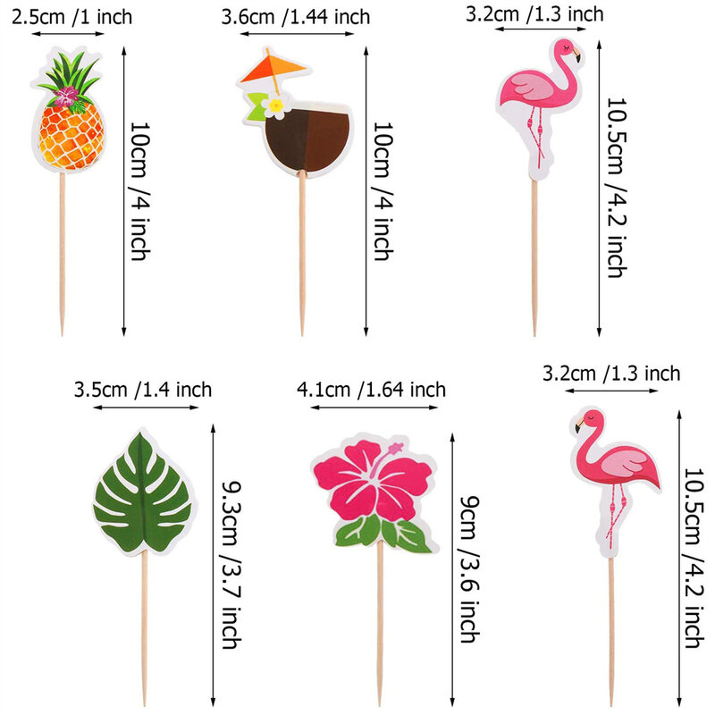 Luau – cure-dents hawaïens en forme de feuilles de palmier, 24 pièces, Cupcake Toppers, flamand rose, ananas, Tropical, décor de fête d'été à la plage