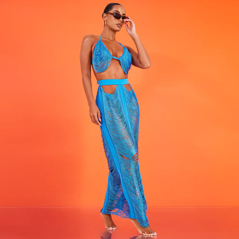 Wishyear 2022 Áo Croptop Hai Mảnh Bộ Váy Maxi Áo Bralette Áo Crop Top Gợi Cảm Bãi Biển Đầm Nữ KỲ NGHỈ HÈ Trang Phục Dropshipping