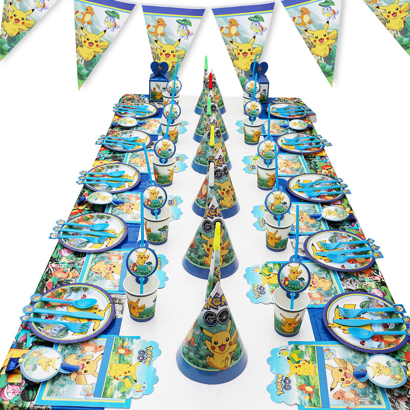 Takara tomy pokemon tema de aniversário pikachu balão papel descartável conjunto de utensílios de mesa crianças decorações de festa de bebê suprimentos