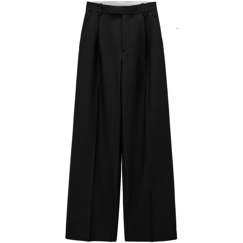 Pb & za primavera outono moda feminina sólida do vintage calças de cintura alta bolsos casuais com zíper solto calças retas femininas