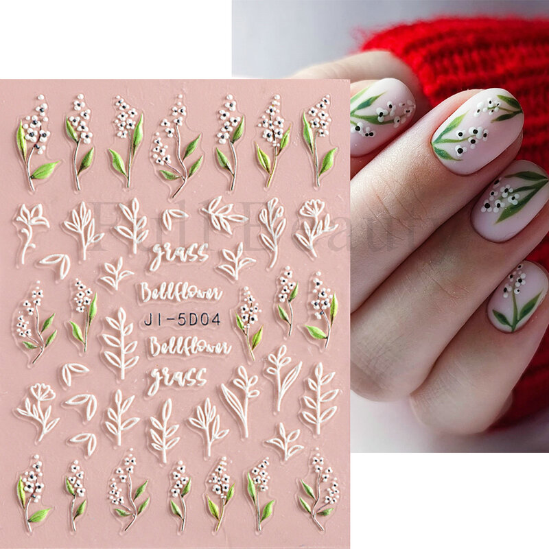 5D Nail Stickers Flowers Geometric Lines Decor Acrylic Embossed Sliders Gold Frame Nail Decals Cherry Blossom Manicure GLJI-5D05
