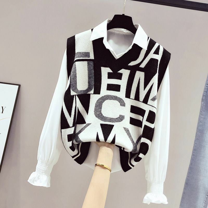 Pull tricoté sans manches à col v pour femme, brodé avec l'alphabet anglais, Vintage, Harajuku, Kawaii, collection hiver 2022