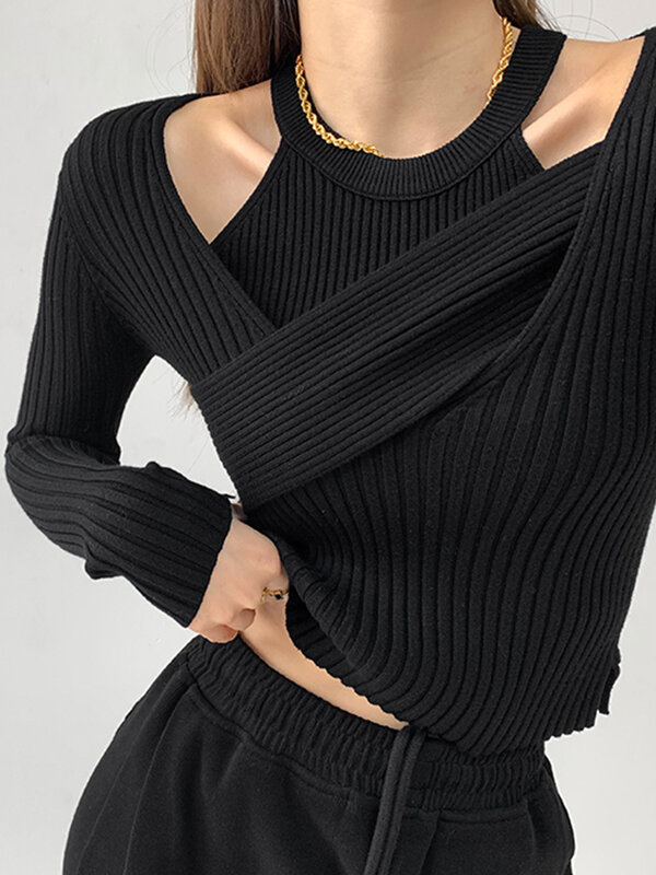 Streetwear camisola de alta qualidade conjunto de duas peças feminina pescoço suspender colete fora do ombro manga longa blusas y2k roupas femininas