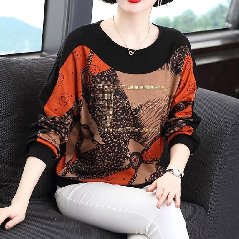 Patchwork t-shirty Casual O-neck Sprig jesień z długim rękawem drukuj wygodne wygodna modna 2022 nowa popularność odzież damska
