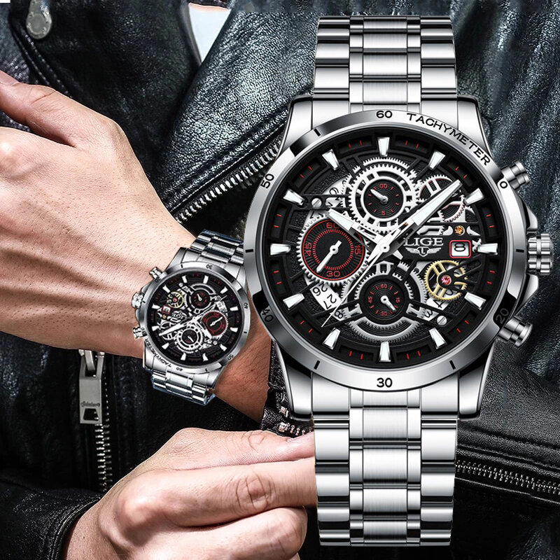 LIGE Casual Sport Watches for Men Top Brand Full Steel Luxury Military Wrist Watch Man Clock Fashion Chronograph Wristwatch+Box