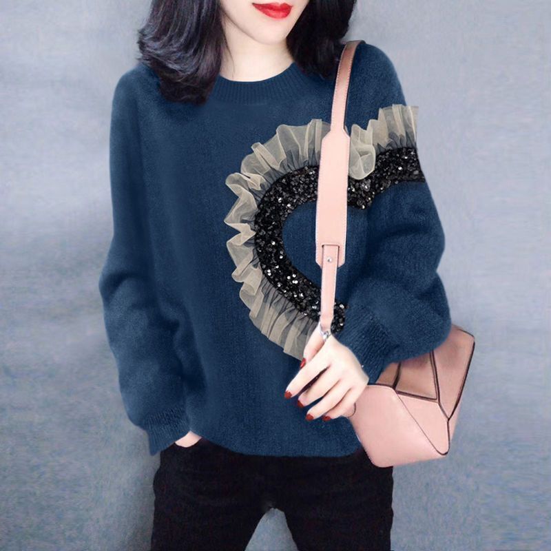 캐주얼 O 넥 긴 소매 풀오버 탑 니트 스웨터 여성용, 빈티지 러플 메쉬 스팽글 스트리트웨어 가을 겨울