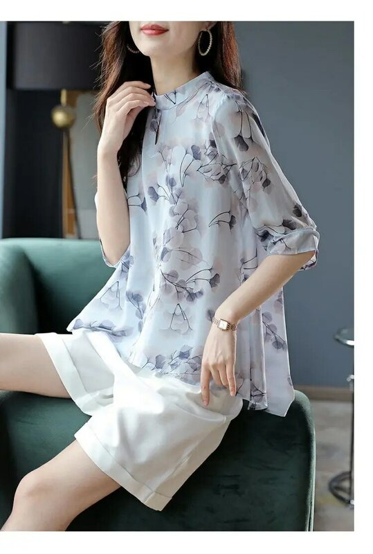 Camisa de gasa estampada de estilo chino para mujer, blusa informal con cuello redondo y manga de cinco puntos, 2022