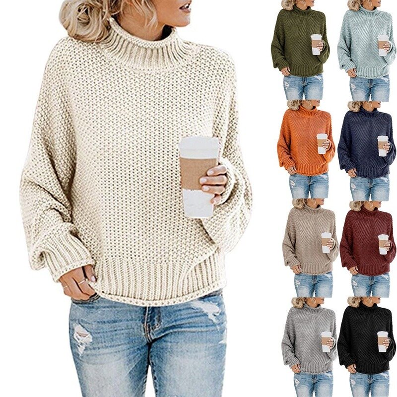 Suéteres de manga larga con cuello alto para mujer, Jersey de punto informal de gran tamaño, jerséis cálidos para otoño e invierno, 2022