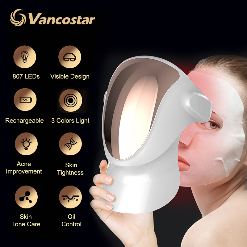 Mascarilla Facial LED para tratamiento Facial, dispositivo de belleza de 807 piezas, terapia fotodinámica LED de 3 colores, eliminación de arrugas y acné