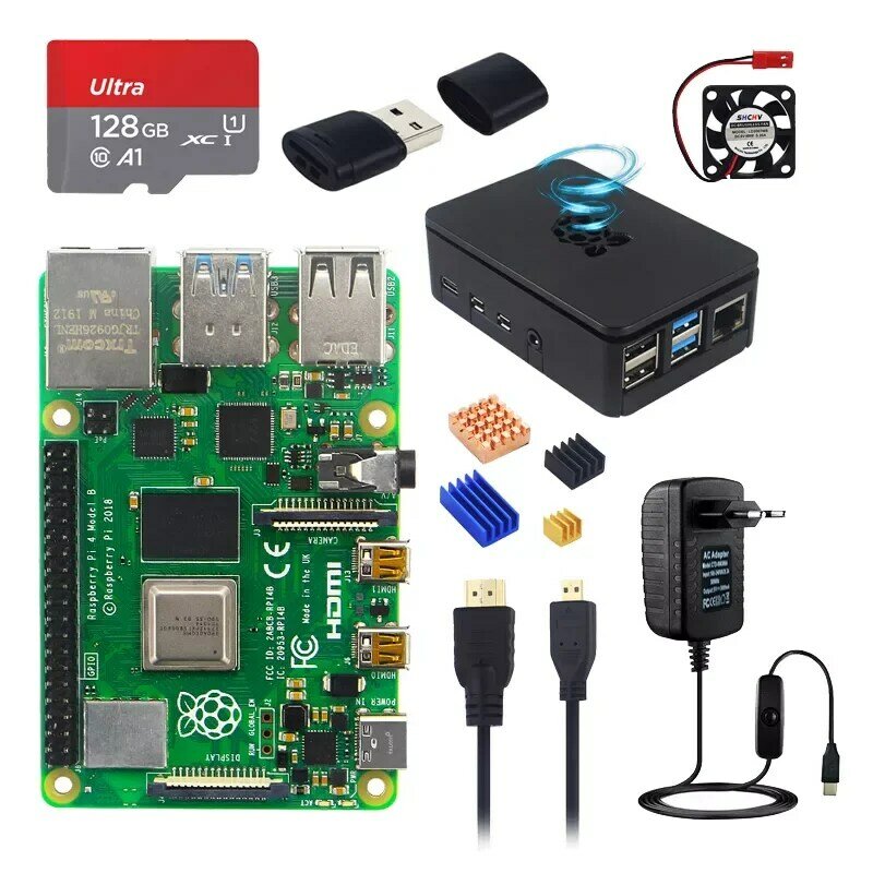 Raspberry Pi 4 Modelo B, Kit 2, 4, 8 GB + funda + tarjeta TF 32 64 128 GB + adaptador de corriente + ventilador + disipador de calor + Cable de vídeo para