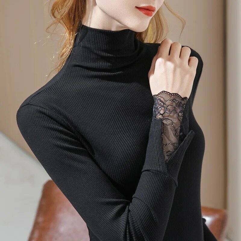 Meia gola alta modal algodão manga comprida camisa de fundo camisa feminina outono e inverno costura laço sino-mangas compridas