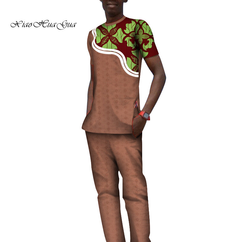 Dashiki Motif Afrika Tradisional untuk Pria Kaus Atasan Kasual Setelan Celana dan Celana Panjang Ukuran Plus Pakaian Afrika Set Pria Wy797