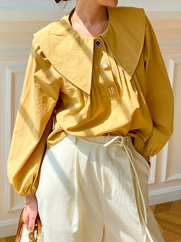 Retro Solid Blouse Vrouwen 2022 Herfst Peter Pan Kraag Bladerdeeg Mouwen Shirts Hauts Franse Vintage Toevallige Mujer Chemises Kleding
