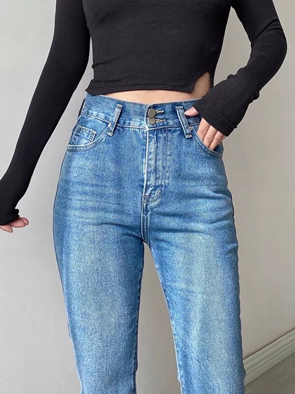Calças jeans de cintura alta para mulheres vintage lavado elástico algodão elastano calças jeans y2k fenda lateral magro ajuste azul streetwear
