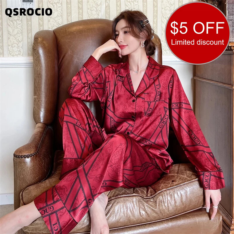QSROCIO-Conjunto de pijamas para mujer, ropa de dormir con estampado de cinta roja de lujo Vintage, ropa de dormir larga de seda para el hogar
