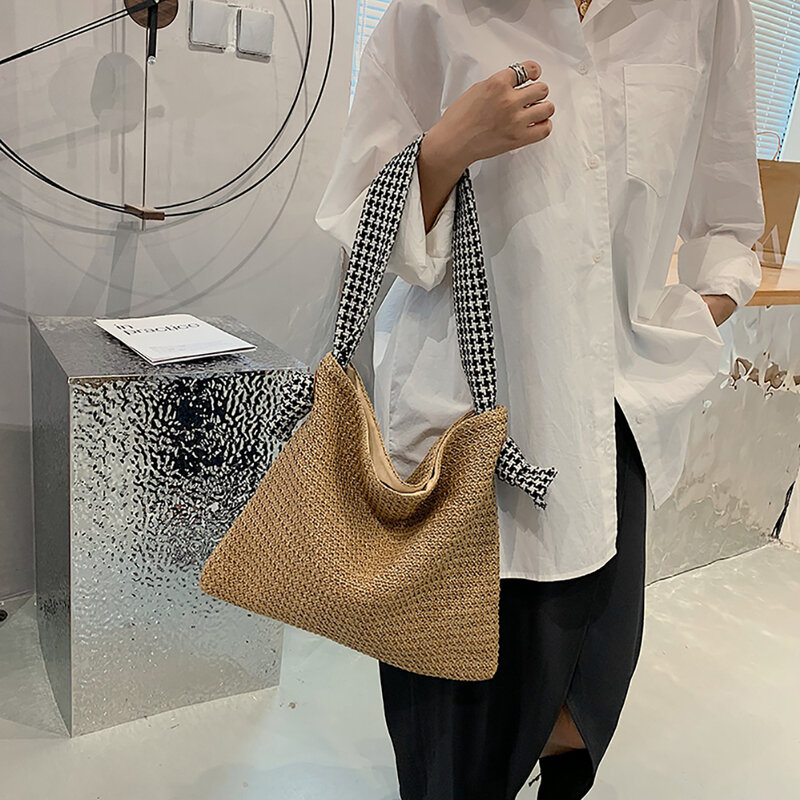 Bolso de paja tejido para mujer, hecha a mano bandolera de ratán, de gran capacidad, para playa, vacaciones, de diseñador