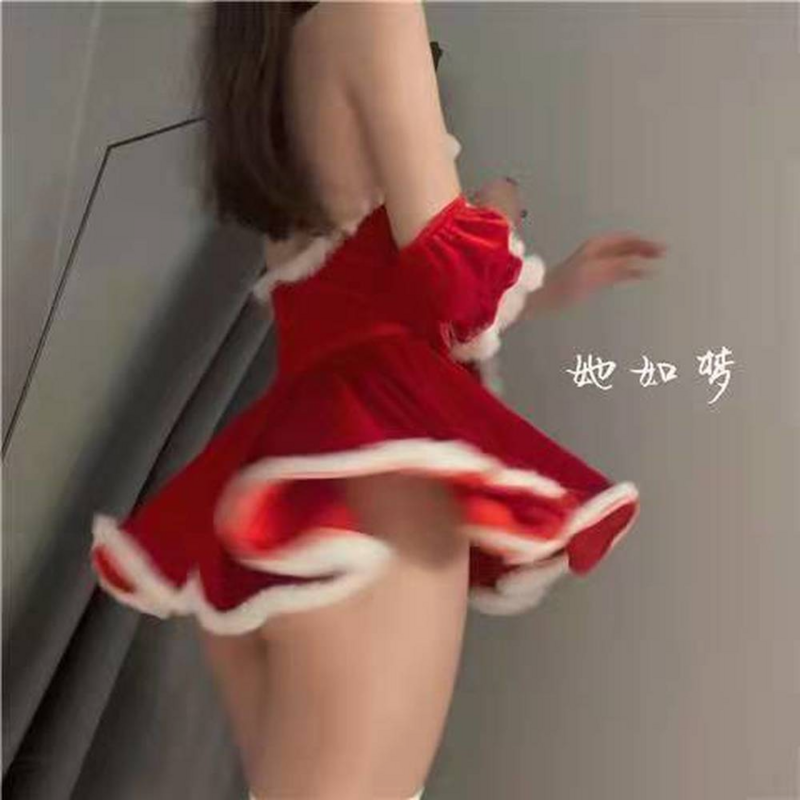 Disfraz de Cosplay de Papá Noel para mujer, falda superior roja de invierno, capa, lencería Sexy, uniforme de conejito de sirvienta, vestido elegante