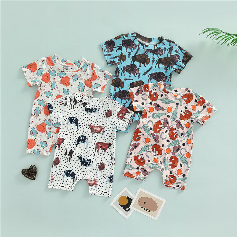 Newborn Baby Casual Romper Dots Animal Print Round Neck Short Sleeve Playsuit Summer Outfit for Boys Girls 0-18 Months