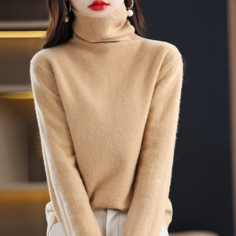 Nowy jesienno-zimowy sweter z kołnierzem damski pierwszej linii modne bezszwowe swetry 100% wełniany podkład luźny dzianinowy sweter Insid