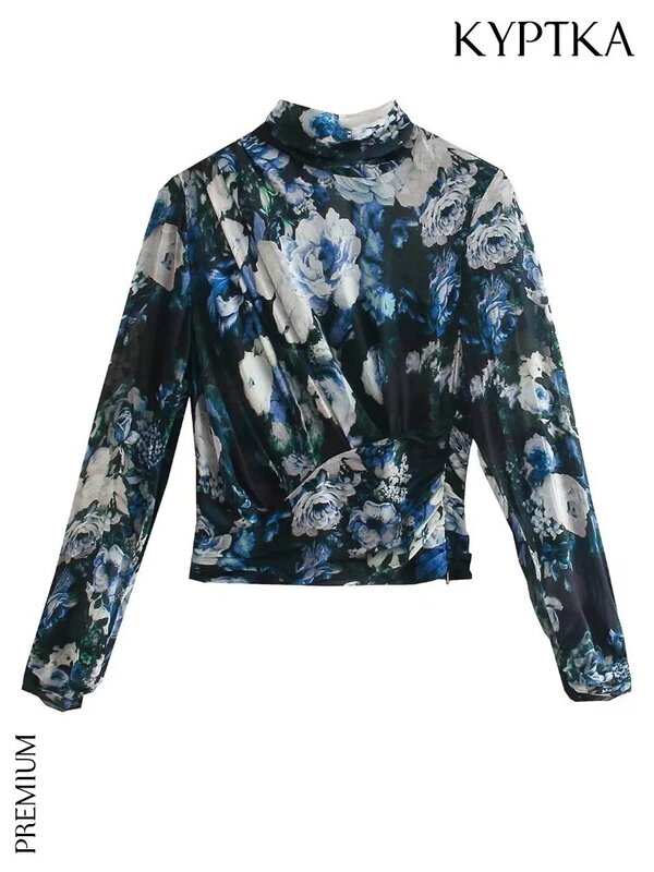 KYPTKA moda damska zebrane kwiatowy Print pół-sheer bluzki w stylu Vintage z długim rękawem boczny zamek błyskawiczny koszule damskie Blusas eleganckie koszule