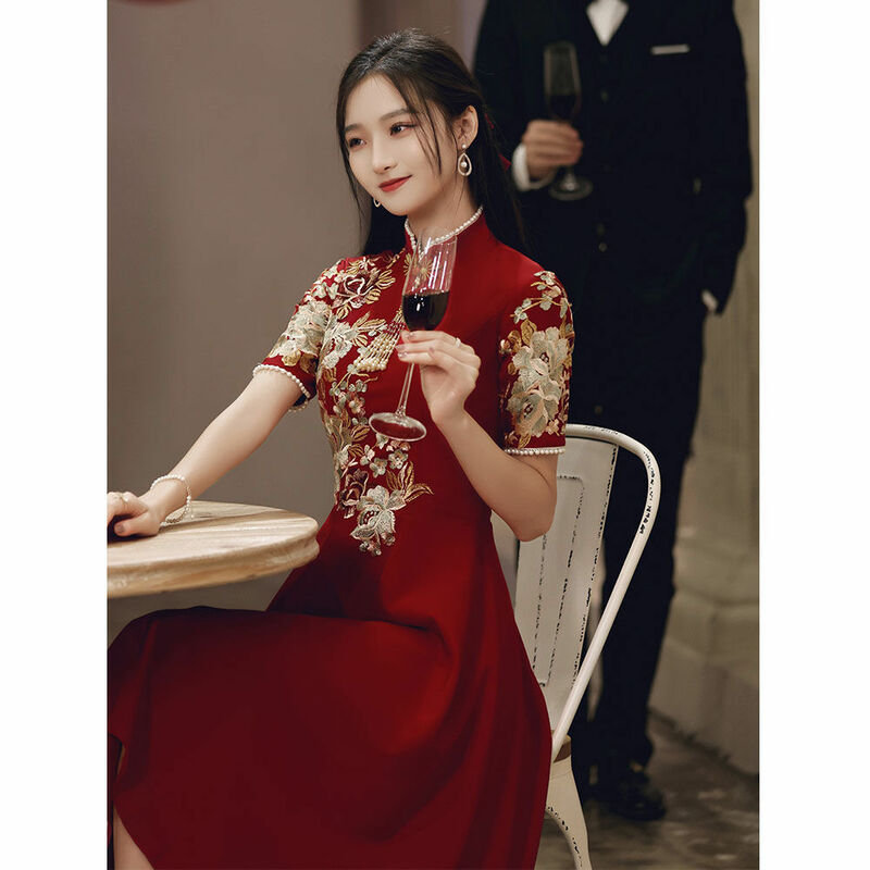 Etesans-fin Gaun Wanita Musim Panas Warna Merah Anggur/Pernikahan/Pertunangan/Kehidupan Sehari-hari-Kerah Stand-Up Luar Biasa