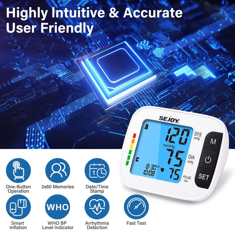 Arm Blood Pressure Monitor Upper  Automatic BP Cuff Machine with Backlit Display English and Spanish Talking for Home Use