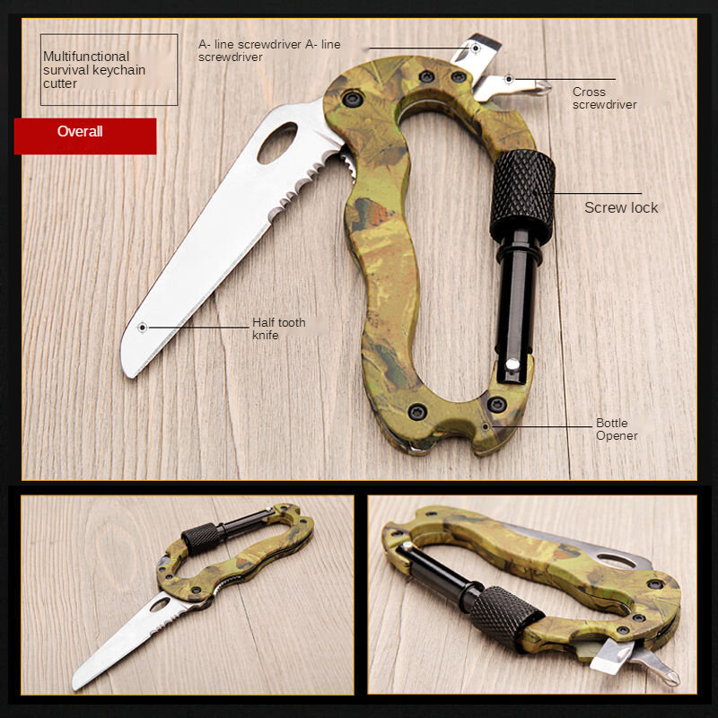 5 w 1 Multitool karabinek nóż, składany Survival D kształt brelok klamra, wspinaczka brelok do kluczy klips na zewnątrz Camping
