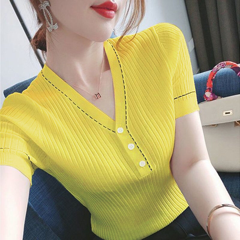 Solid Color Button Thin Ice Silk Sweater Women's Summer Short Sleeve 2022 New T-shirt Short V-neck Knitted Pullover Top 980B