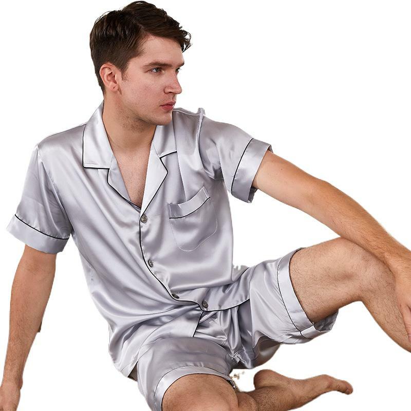 男性用シルクパジャマ,半袖ジャンプスーツ,グレー,赤,青,夏,秋,春,100%