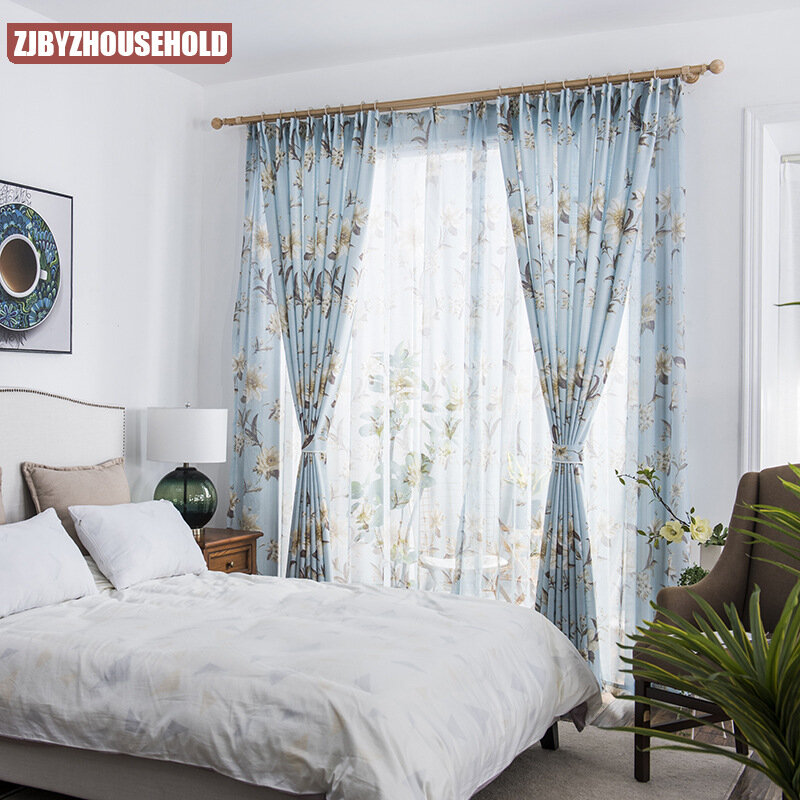 Nueva cortina estampada azul americana de media sombreada para sala de estar, dormitorio y estudio, venta al por mayor
