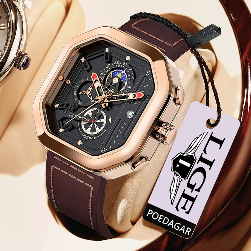 LIGE-reloj analógico con correa de cuero para hombre, accesorio de pulsera de cuarzo resistente al agua con cronógrafo, complemento masculino deportivo de marca de lujo con diseño militar, 2022