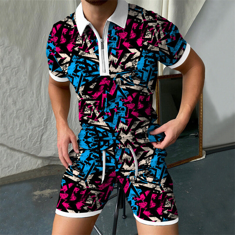 Polo masculino terno moda masculina conjuntos 3d impresso 2022 streetwear com decote em v manga curta camisa polo & shorts duas peças masculino casual terno