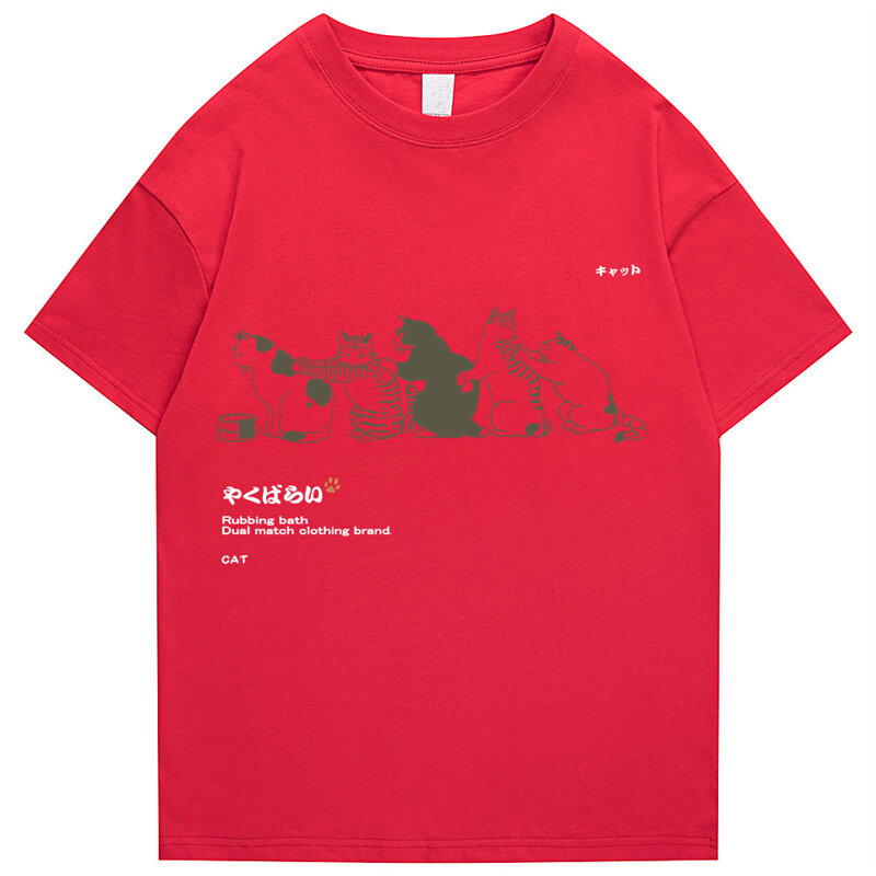 2022 Camiseta Masculina Hip-Hop Estilo Rua Kanji Harajuku Engraçado Gato Camiseta Verão Manga Curta Camiseta Algodão Estampado