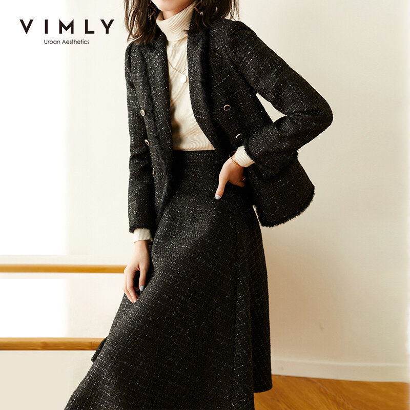 Vimly 2020 Elegant Two Pieces Set Women Fashion Double Breasted Short Blazer High Waist Skirt Office Lady Outfits F3670