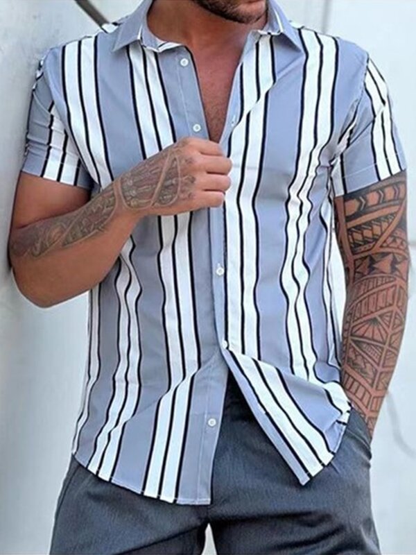 Мужская рубашка в полоску, с коротким рукавом и отложным воротником, на пуговицах, весна-лето 2022