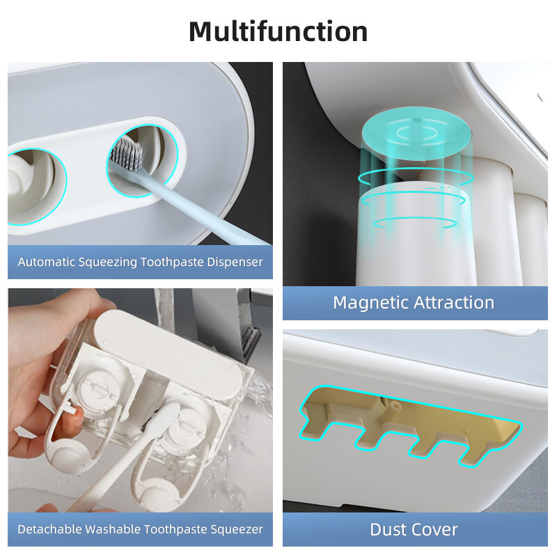 Joybos Bathroom Toothbrush Holder Wall Mounted Bathroom Storage Rack Double Automatic Toothpaste Dispenser with Magnetic Cups