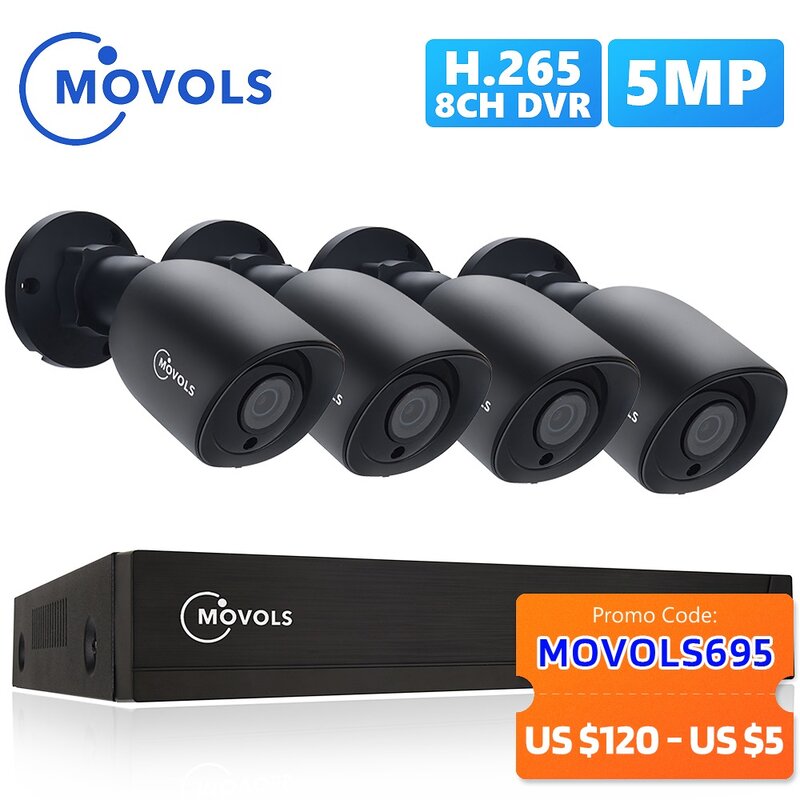 Movols 5MP AI Video Surveillance System 8CH H.265+ DVR 4PCS 2592*1944 HD Security Camera Kit Indoor/ Outdoor IR-cut CCTV System