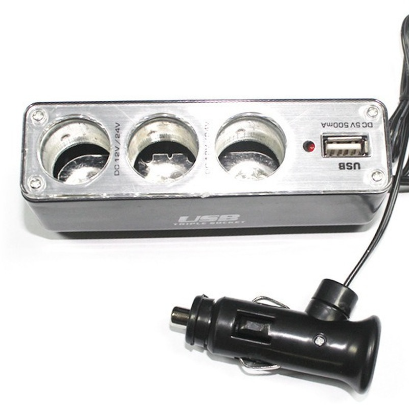 Divisor de encendedor de cigarrillos de coche de 3 vías, cargador de enchufe USB, adaptador Triple de cc 12V/24V con puerto USB BX